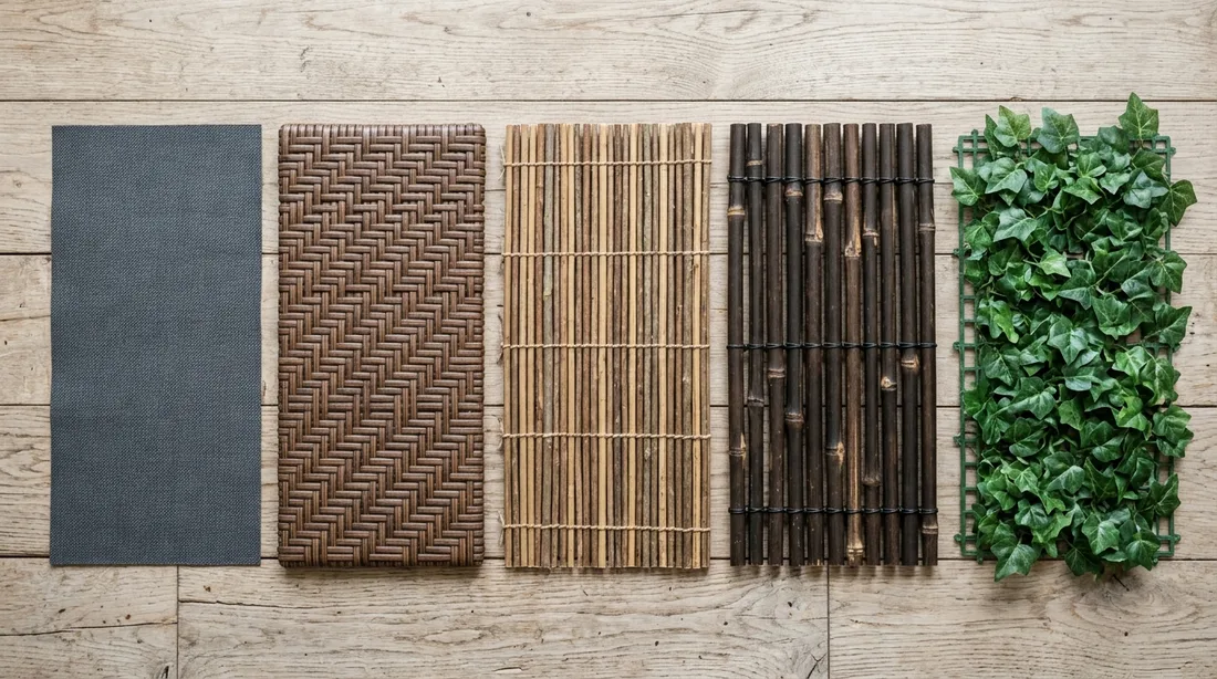 Fünf Sichtschutzmaterialien im Nahvergleich auf Holzdielen: Gewebebahn, Kunststoffgeflecht in Rattanoptik, Weiden-/Schilfmatte, Bambusstäbe und künstliches Efeublattgeflecht