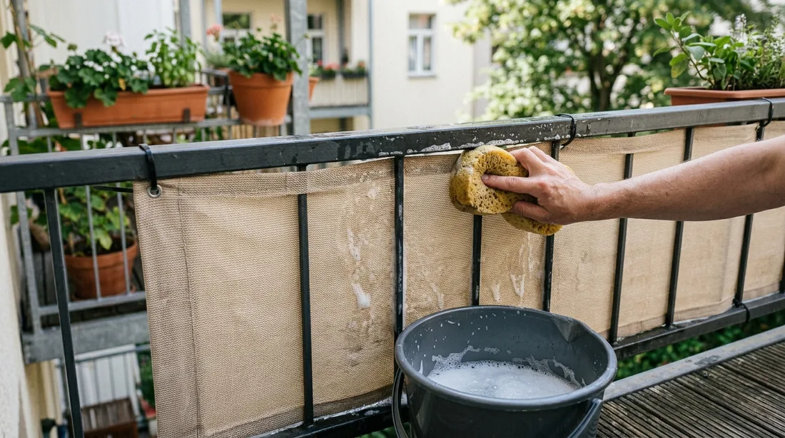 Balkonbespannung wird mit Schwamm und Seifenlauge gereinigt