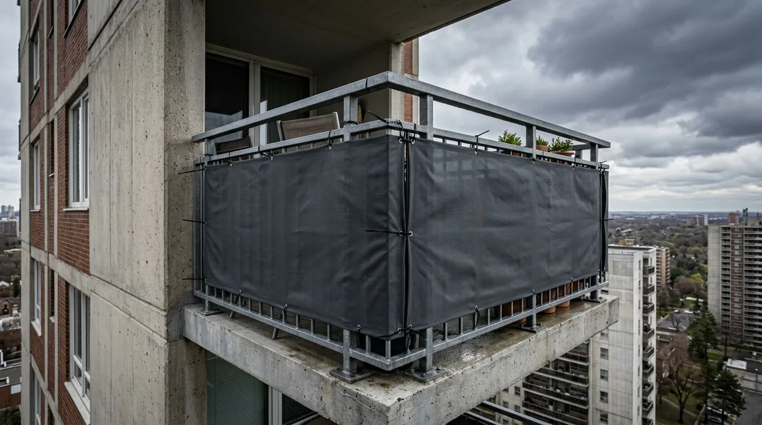Balkonbespannung in windiger Lage im oberen Stockwerk eines Wohnhauses